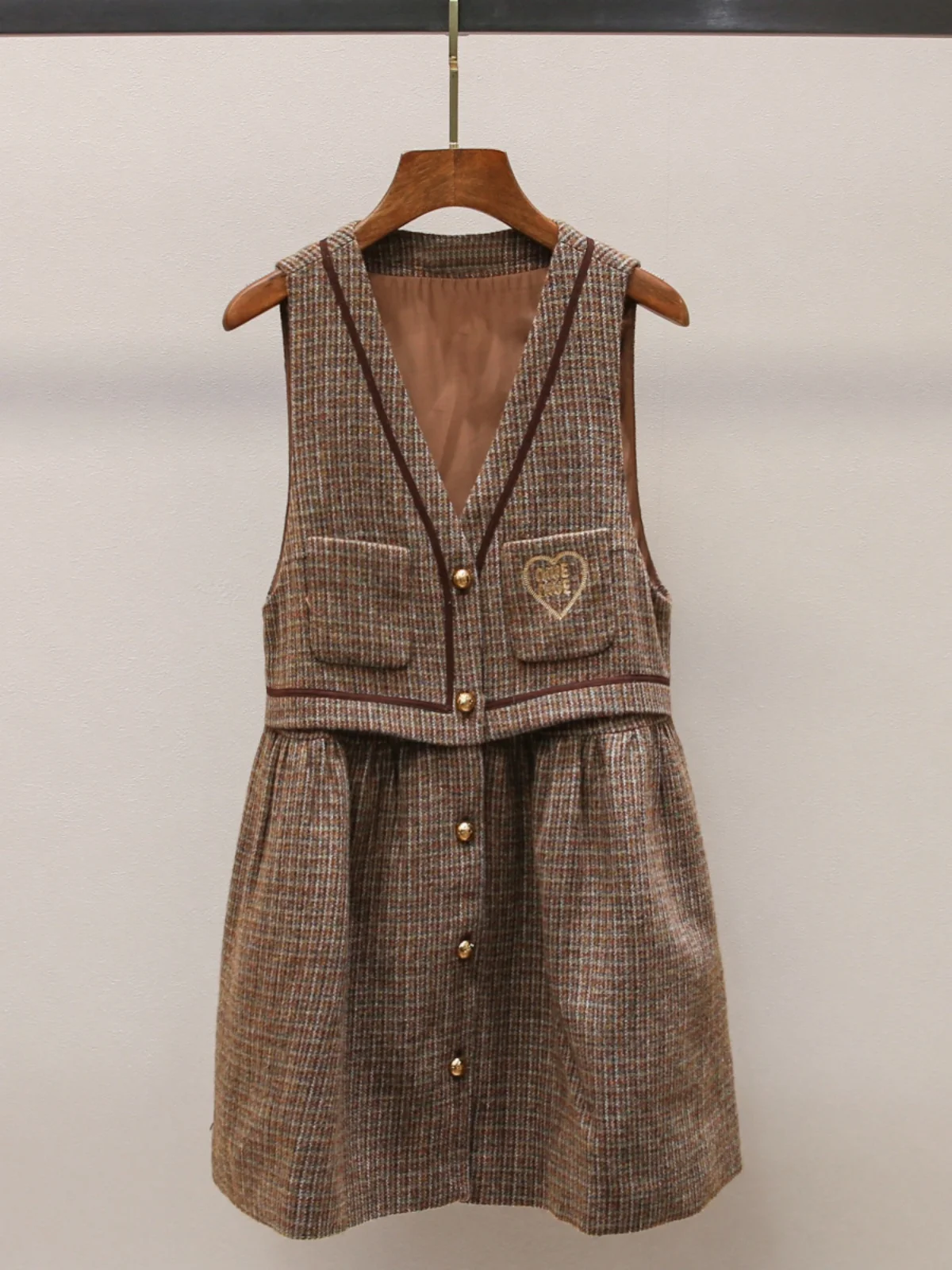 

Retro Sle High Waist A-Line Vest Dr Svel V-Ne Plaid College Forest System Ci Commute Winter New Arrival