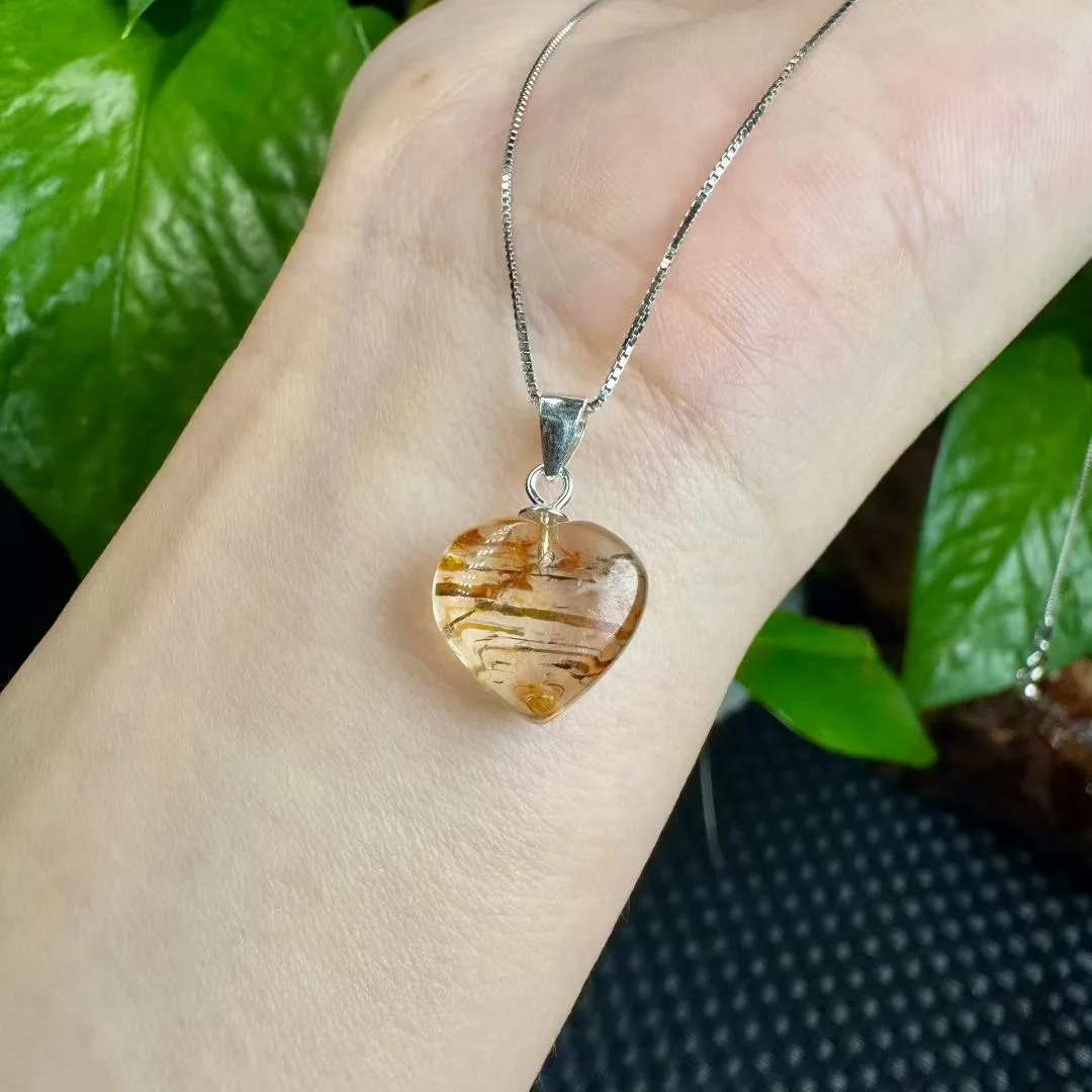 

1 шт. Fengbaowu натуральное черное золото рутиловый кварцевый кулон в форме сердца 13-14 мм стерлингового серебра 925 пробы с кристаллами ювелирные изделия подарок для женщин и мужчин