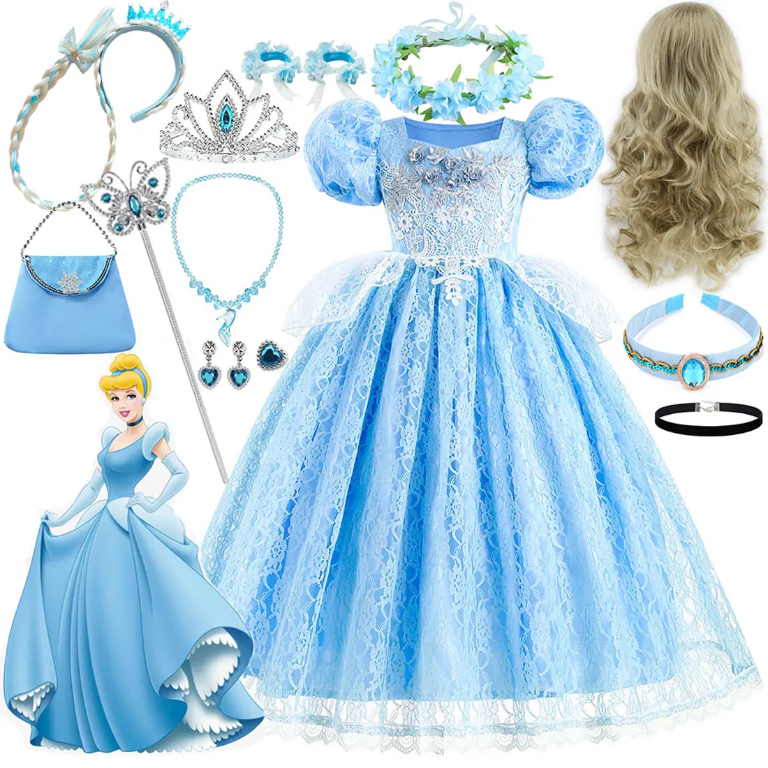 

Костюм принцессы Диснея для девочек, синий костюм с принтом Золушки для детей, милое платье феи для девочек на Хэллоуин, день рождения, вечеринку