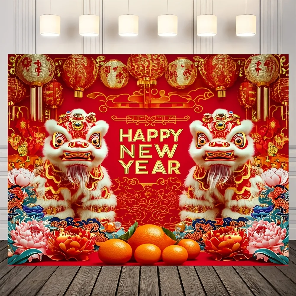VIKAMA Chinesisches Neujahr Wandteppich Doppellöwe Spielkugel Pfingstrose Wohnzimmer Hintergrund Wand Frühlingsfest Party Dekoration
