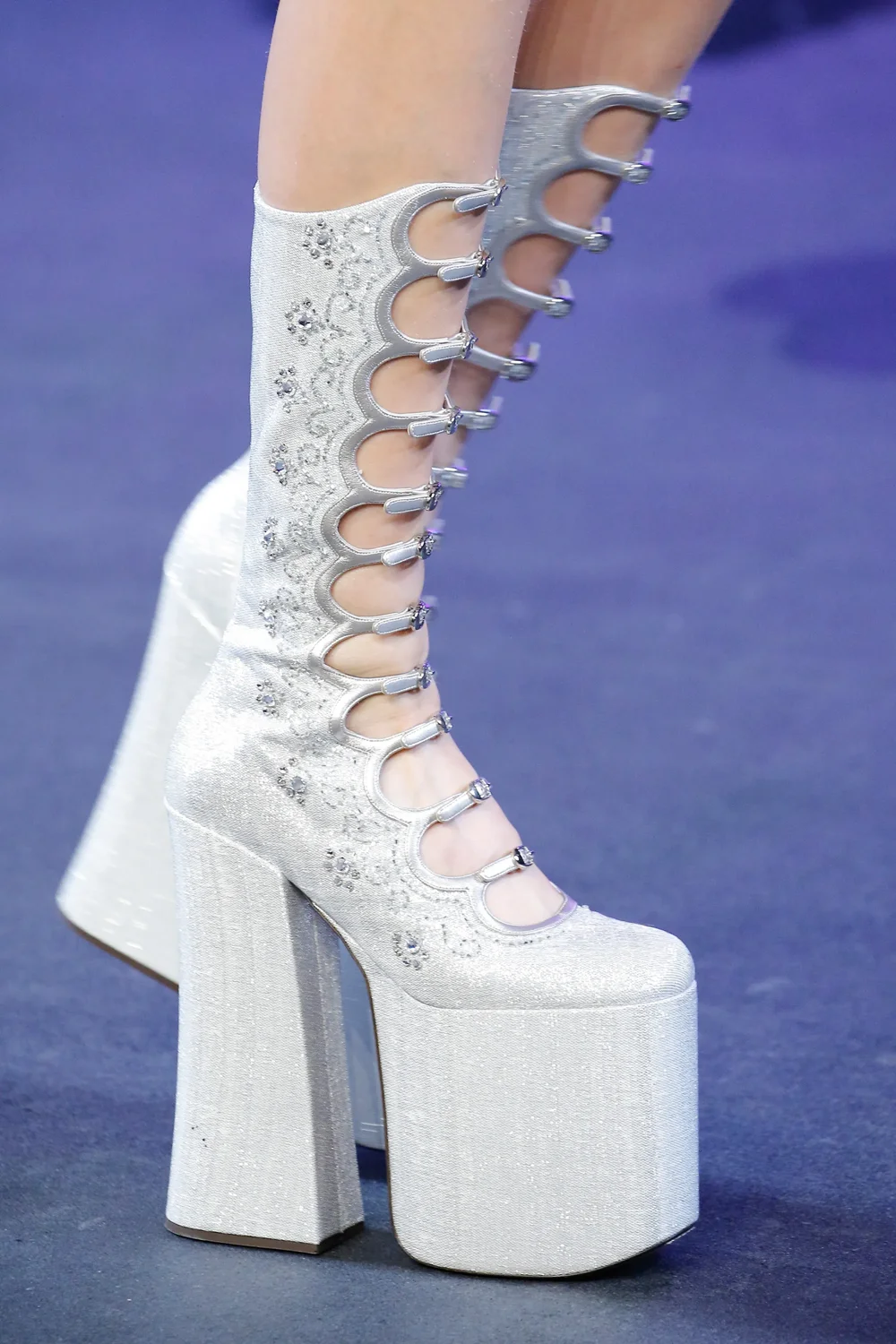 Multi-Layered Metallic Buckle Design Platform Boots Rhinestone Decoration Cut-Out Eyelets Chunky Block Heel Sweet Boots