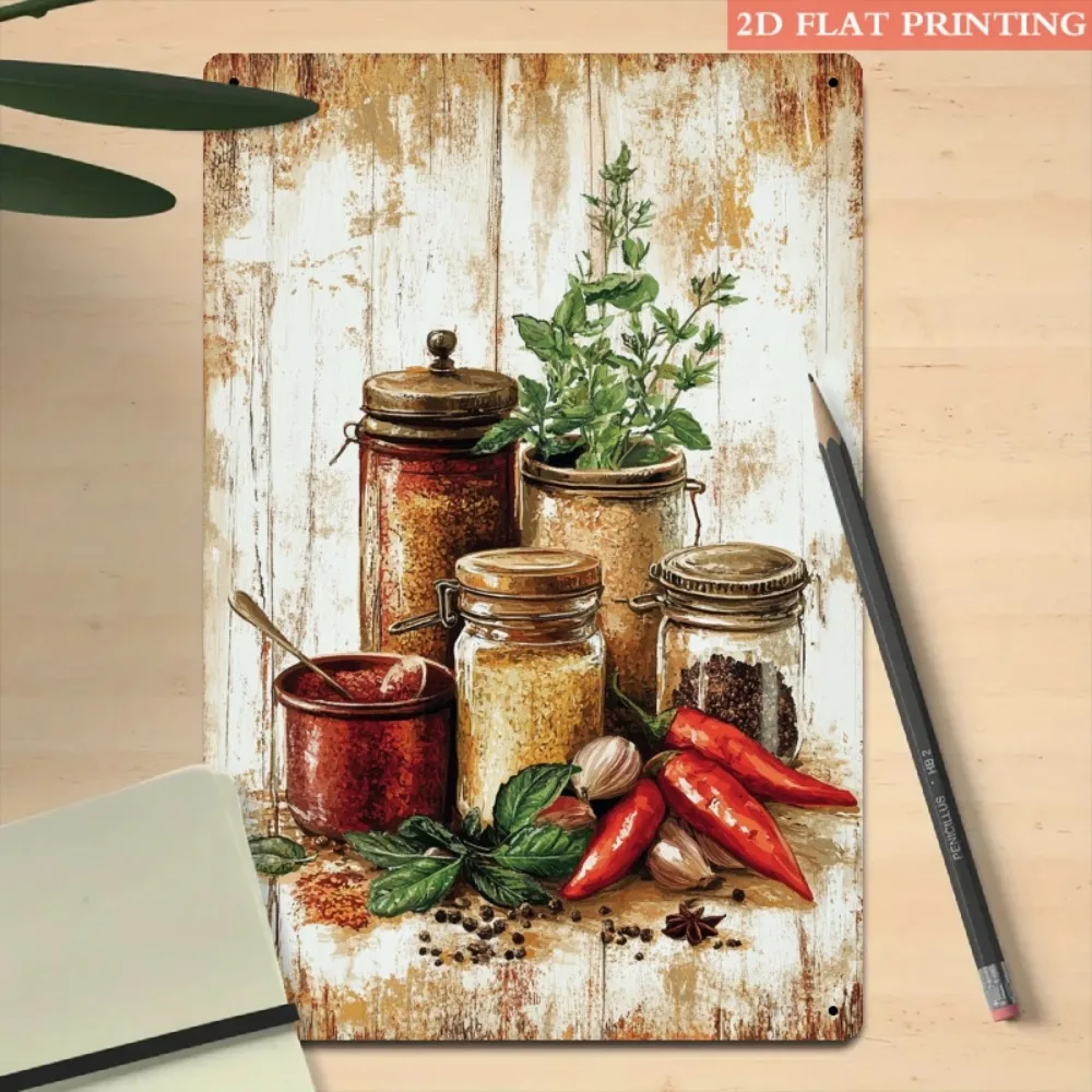 Vintage Spices and Herbs Metal Wall Art – Rustic Kitchen Tin Sign for Farmhouse, Cafe or Dining Room Decor, 8x12 Inch Plaque