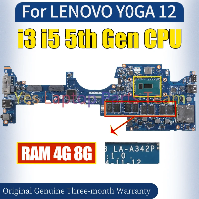 LA-A342P For Lenovo Y0GA 12 Laptop Mainboard i3 i5 5th Gen 4G 8G RAM 00HT789 01AY502  100％ Tested Notebook Motherboard