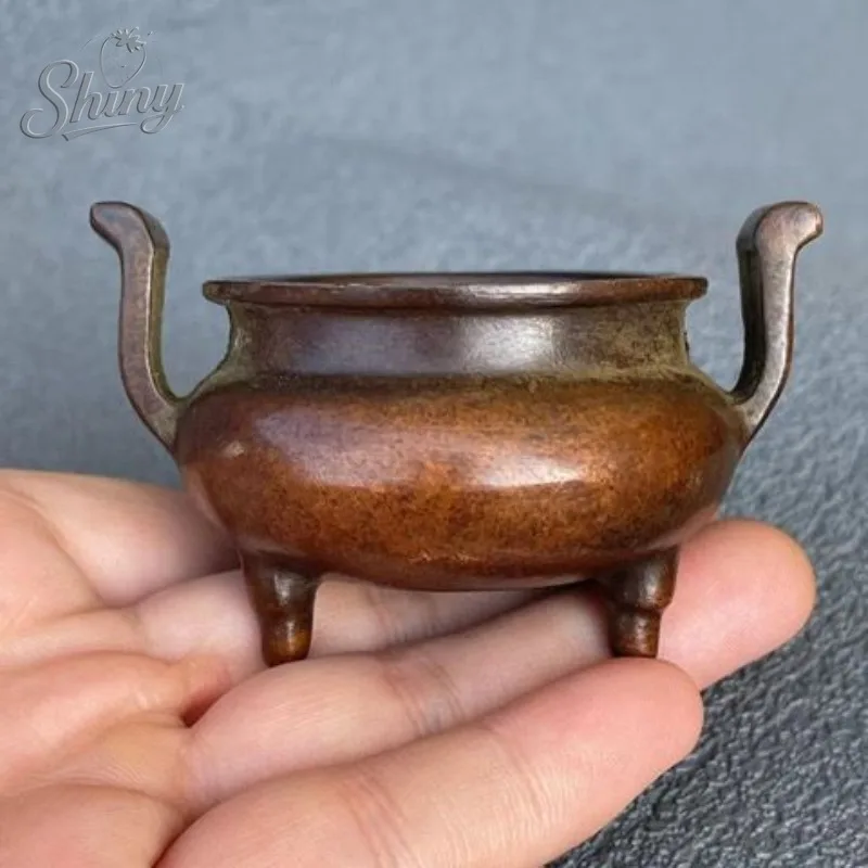 Ancient Copper Incense Burner Ornament with Old Patina and Xuan Characters Small Double-eared Incense Burner Ornament