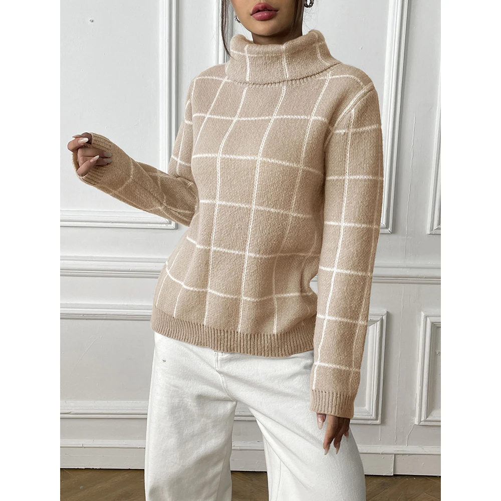 Mia Muse-Pull à carreaux pour femme, manches longues, col haut, mode française, confortable, automne, hiver, 03/Pull