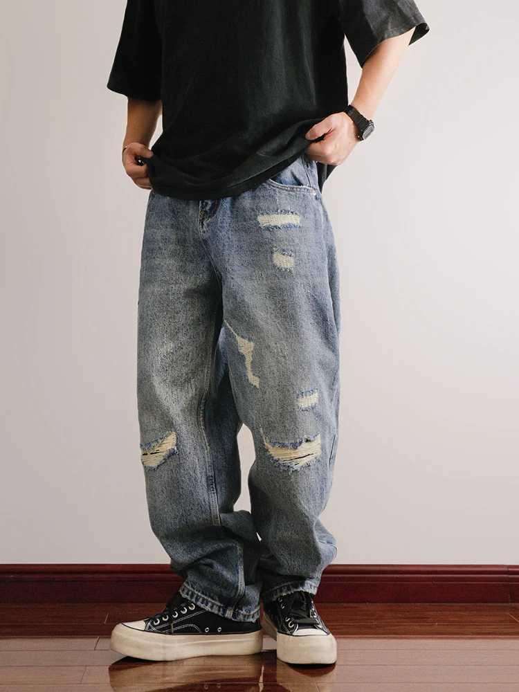 

Vintage American Streetwear Sle Ripped Patchwork Loose Fit Jeans Men's Heavyweight Waed down Micro Cone Denim Casual Trou...