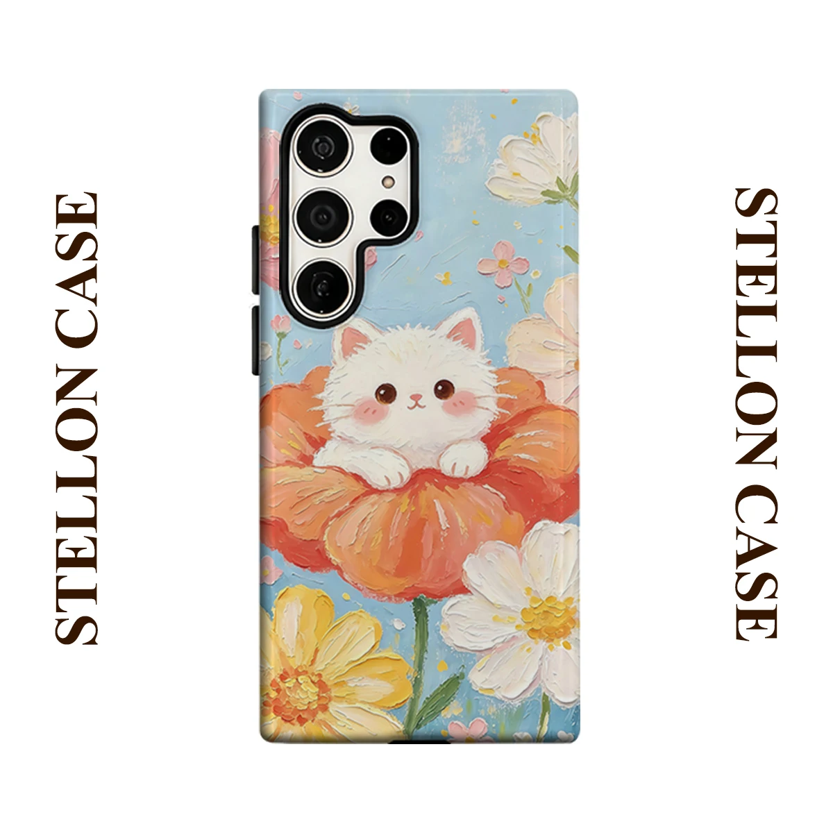 Flower White Kitty For Samsung Galaxy Phone Case S23 S20 S25 FE S24 Plus S26 Ultra 2-IN-1 Shockproof Bumper Hard PC