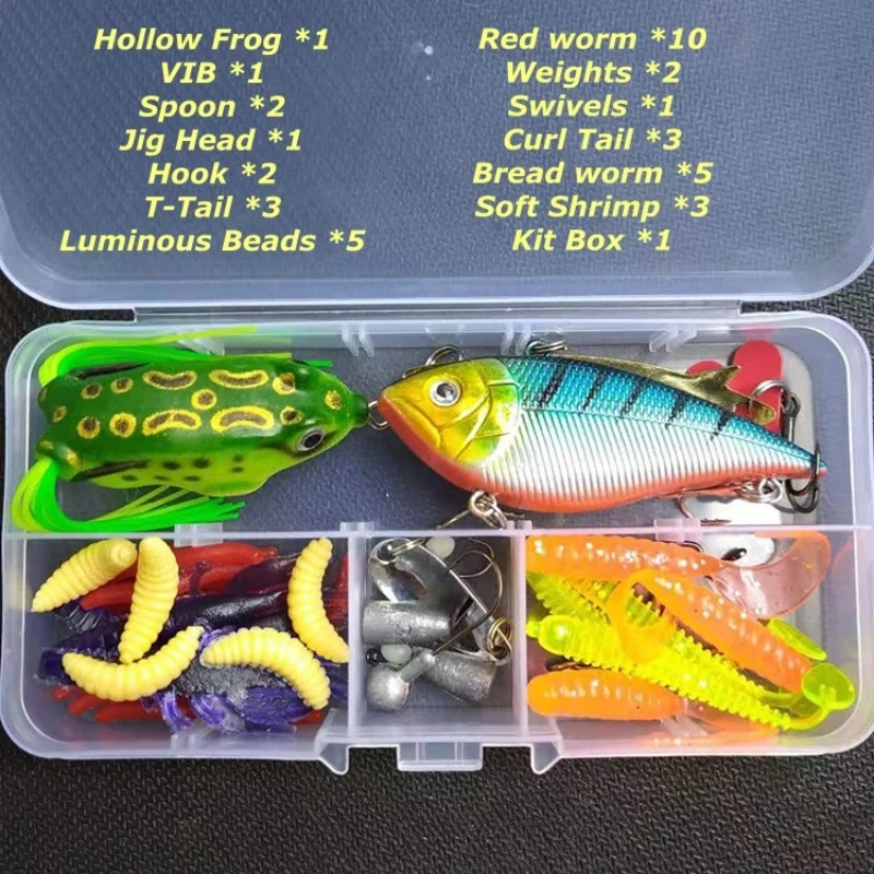 wondersee 40pcs Fishing Lure Kit Frog VIB Spoon Jig Head T-Tail Soft Shrimp Worms Bead Storage Box Wholesale Stock Clearance