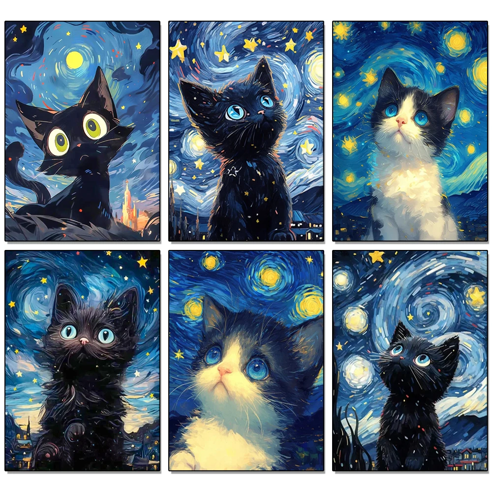 5D DIY Diamond Painting Kit Starry Sky Cat Diamond Embroidery Cross Stitch Cartoon Astral Cat Home Decoration Art Painting