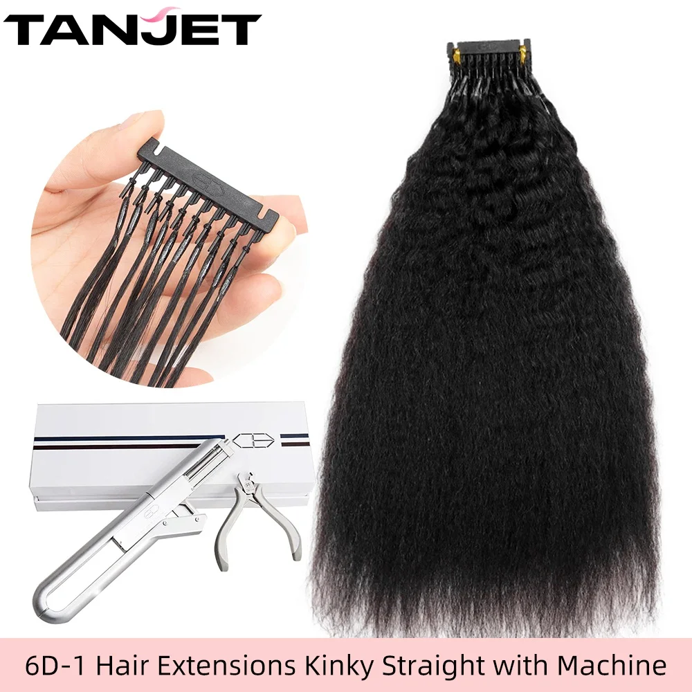 Kinky Straight 6D Hair Extensions Real Human Hair For Women Natural Black 16"-24" Kinky Micro Loop Ring Virgin Hair Extensions