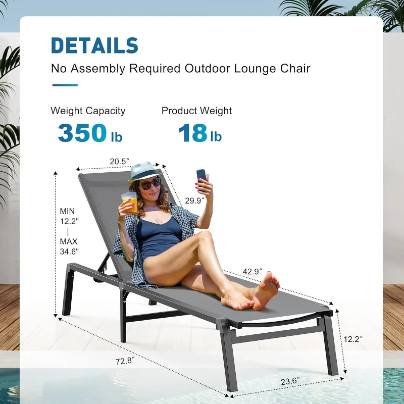 Outdoor Lounge Chair,Foldable & Assemble-Free Tanning Chaise Lounge with 0-60° Adjustable Backrest,Stainless Aluminum Sunbathing