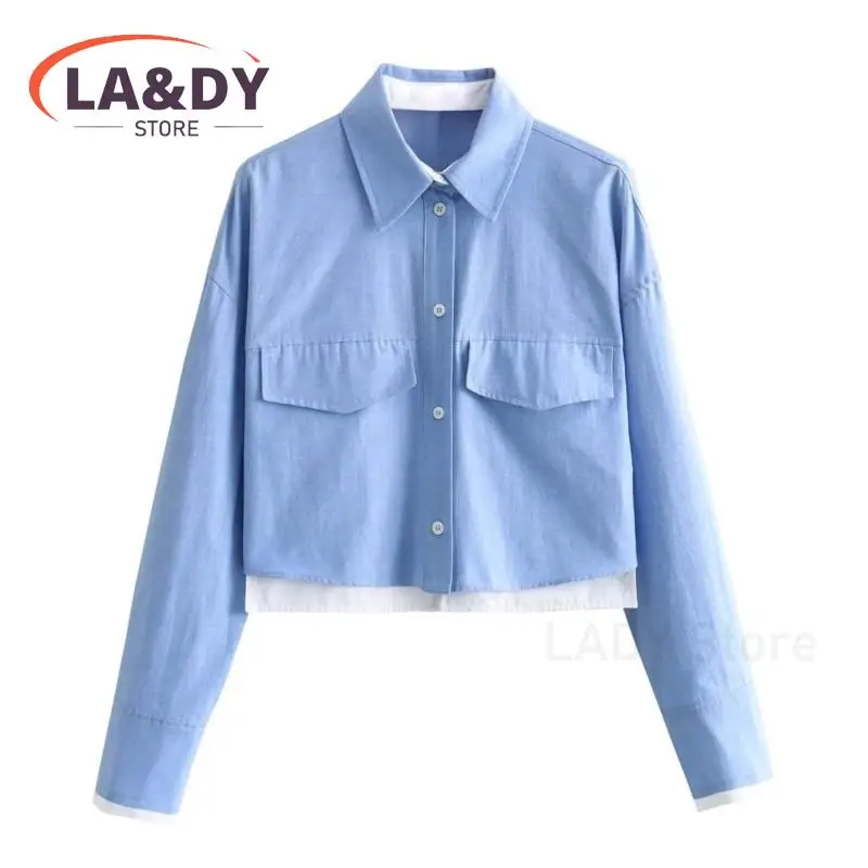 Shirt For Women 2024 Spring Autumn Fashion Single-Breasted Splice Female Casual Long Sleeve Pocket Short Blouses Tops