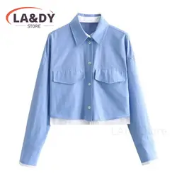 Shirt For Women 2024 Spring Autumn Fashion Single-Breasted Splice Female Casual Long Sleeve Pocket Short Blouses Tops