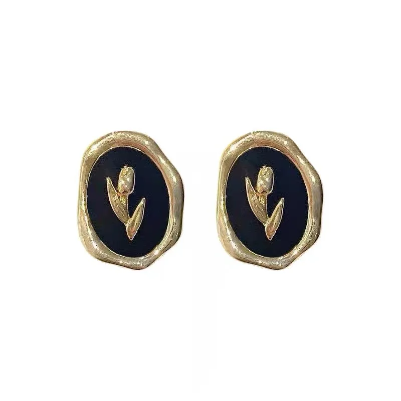 New Classic Irregular Black Wafer Elegant Tulip Flower Stud Earrings For Women Girls Christmas Party Fashion Jewelry Accessories