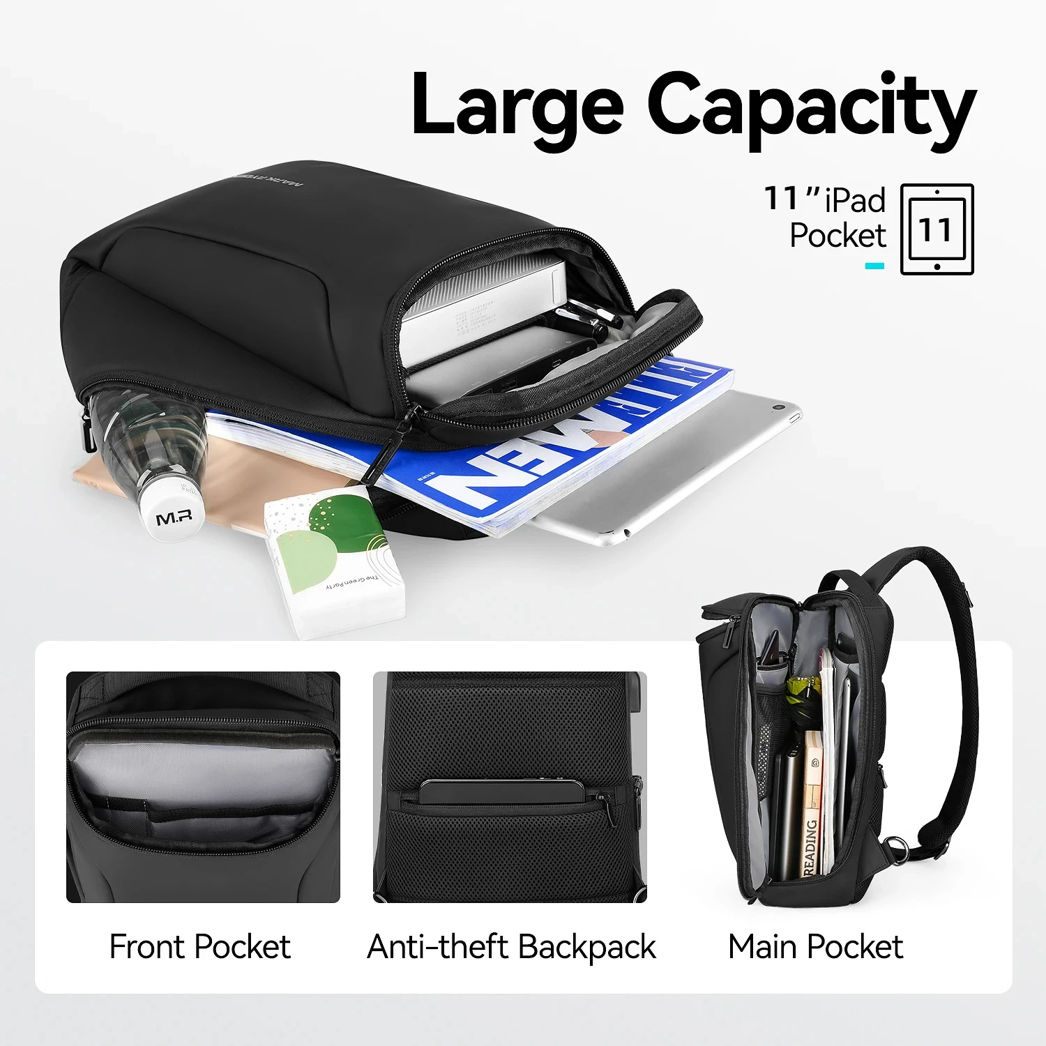 Large capacity shoulder bag, new business and leisure splash proof crossbody bag, multifunctional men's chest bag