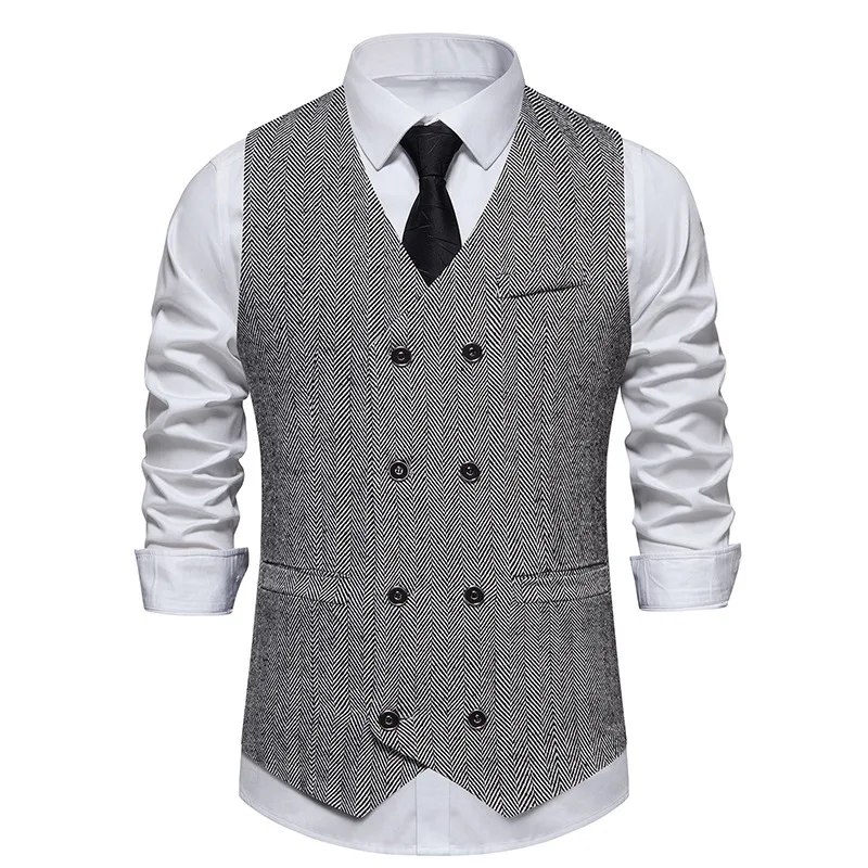 Vintage Herringbone Tweed Suit Vest Men 2023 Brand Casual Double Breasted Western Vest Waistcoat Men Party Business Prom Vests