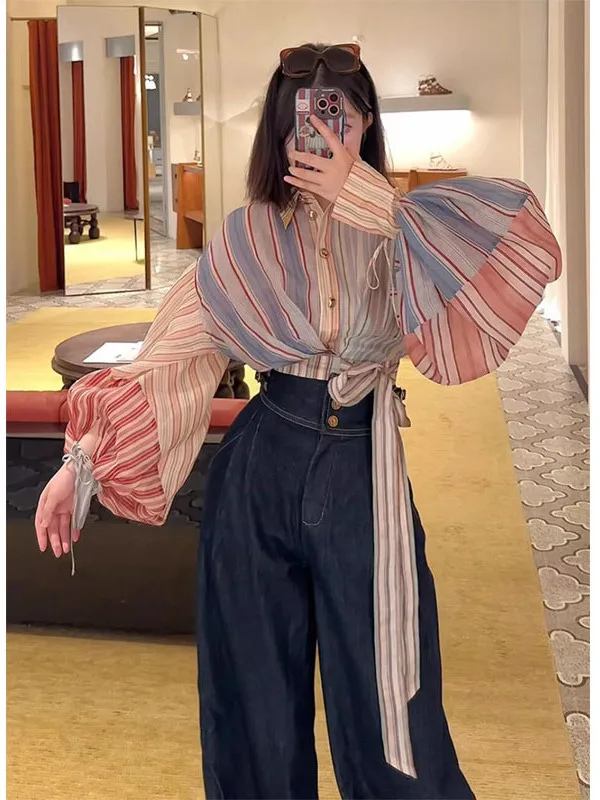 

Unique Chic Striped Long Sve Belted irt Spring Faionable Korean Sle High Waist Commute Wind Women's Premium Feel irt