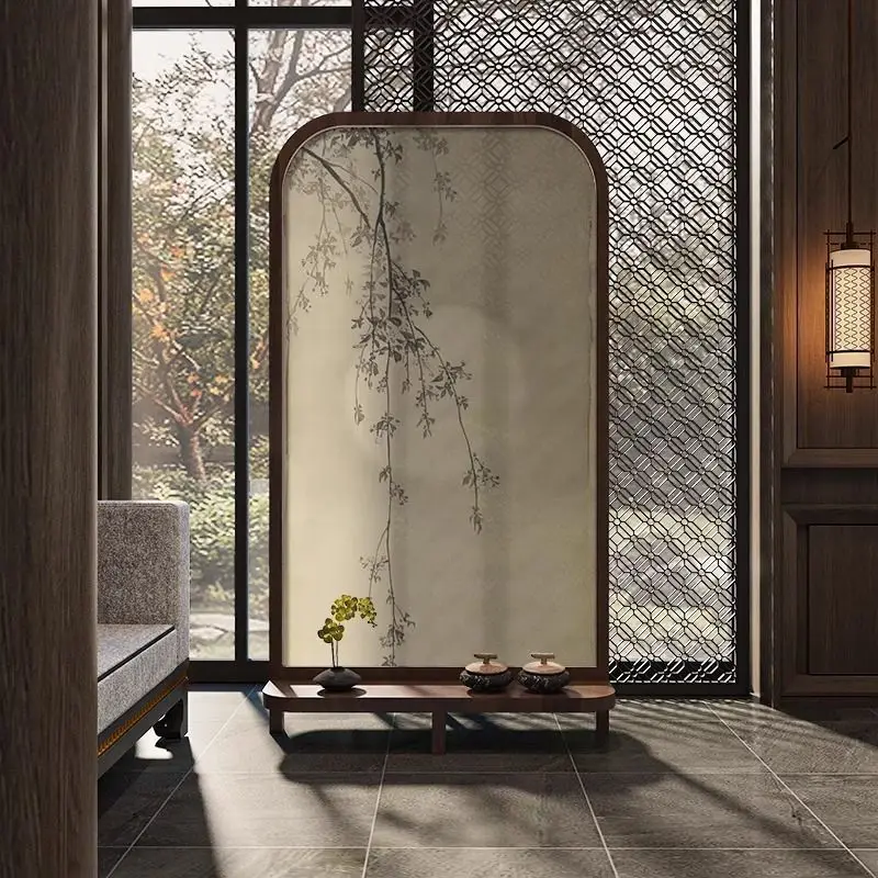 New Chinese-style solid wood home screen partition living room dining room entrance mobile blocking decorative rack retro seat