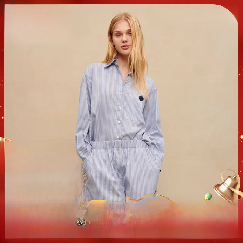 

Женский топ Ele Blue And White Striped Long Sve irt M Home Summer New Sle Top CM00443 Commute Sle OL Faion