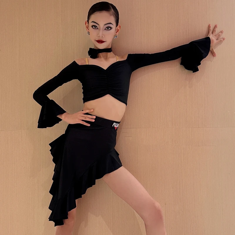 2025 Latin dansset kostuum voor meisjes zwarte jurk kinderen Samba Rumba New Union competitie prestaties Latin kostuum