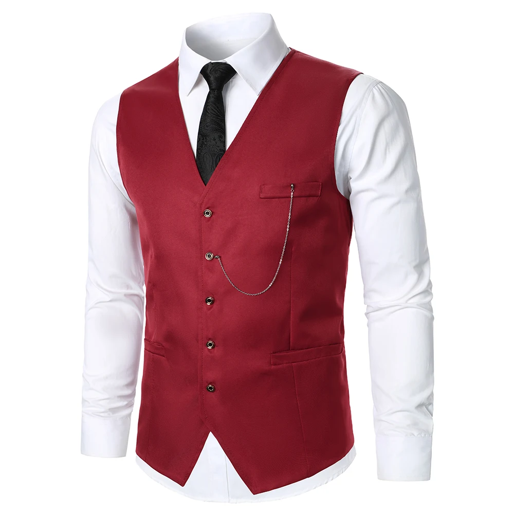 Men Suit Vest Coat Solid Color Metal Chain Decoration Classic Design Leisure Business Fashion Slim Fit Men Suit