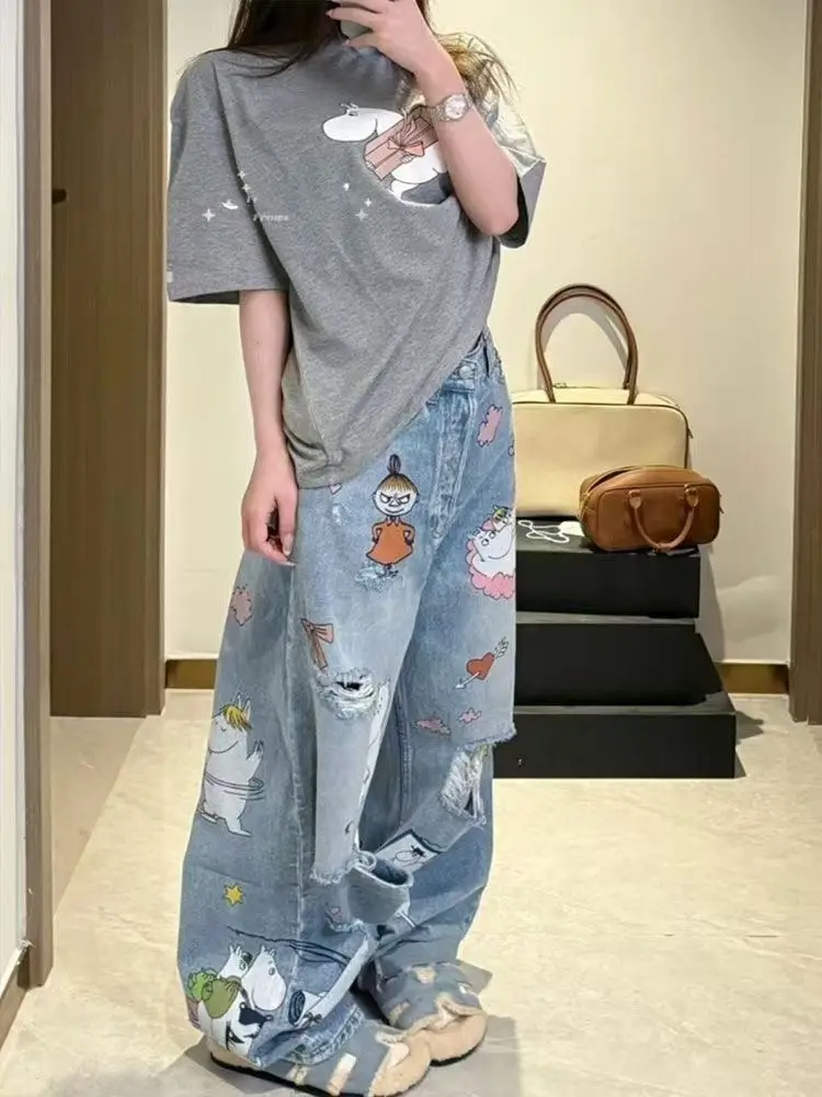

Retro cartoon graffiti washed ripped wide-leg jeans women's 2025 spring and summer design sense loose and thin trousers tide
