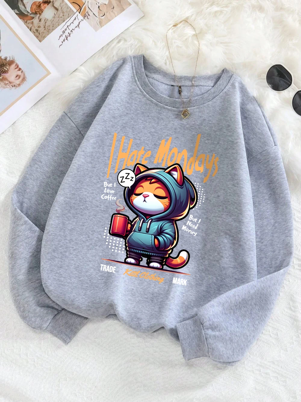 Cute Cat Sweatshirt Women Cartoons Animal Print Hoodie Fleece Warm Crewneck Loose Pullover Street Comfortable Female Clothes