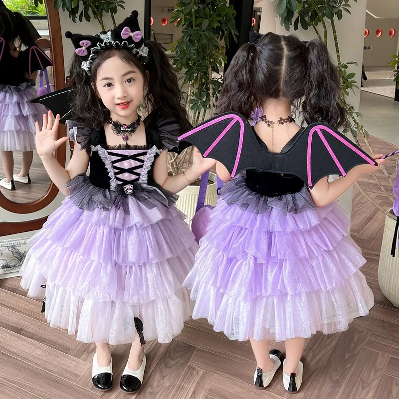 

Halloween Christmas Sanrio Anime Kuromi Kids Girl Dress Sleeveless Layered Tulle Dress Xmas Clothes Cartoon Cute Lolita Skirt