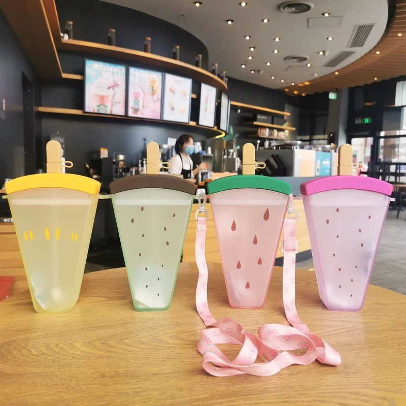 

Plastic Water Bottles Cute Watermelon Ice Cream Water Bottle with Straw Bottle Anti-fall Portable Popsicle Cup Kids Water Cup