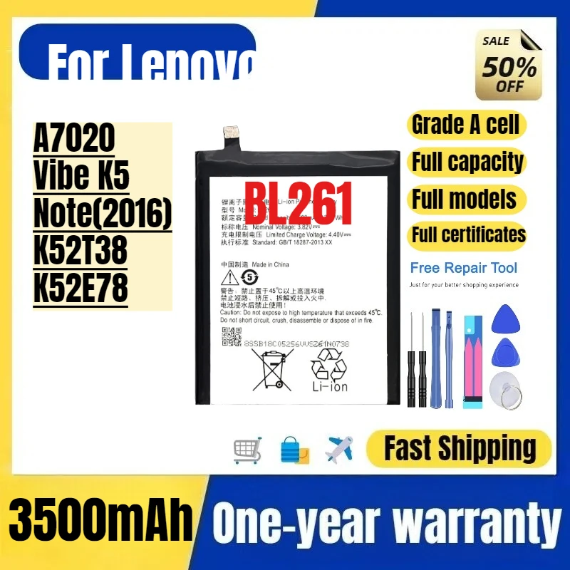 

BL261 for Lenovo A7020/Vibe K5 Note(2016)/K52T38/K52E78 Phone Battery High Quality Replacement Bateria Grade A Cell with Tools