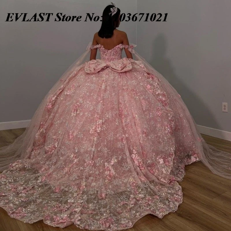 EVLAST Personalizado Rosa Quinceanera Vestido de Baile 3D Floral Applique Beading Cape Corset Doce 16 Vestidos De XV 15 Anos SQ4