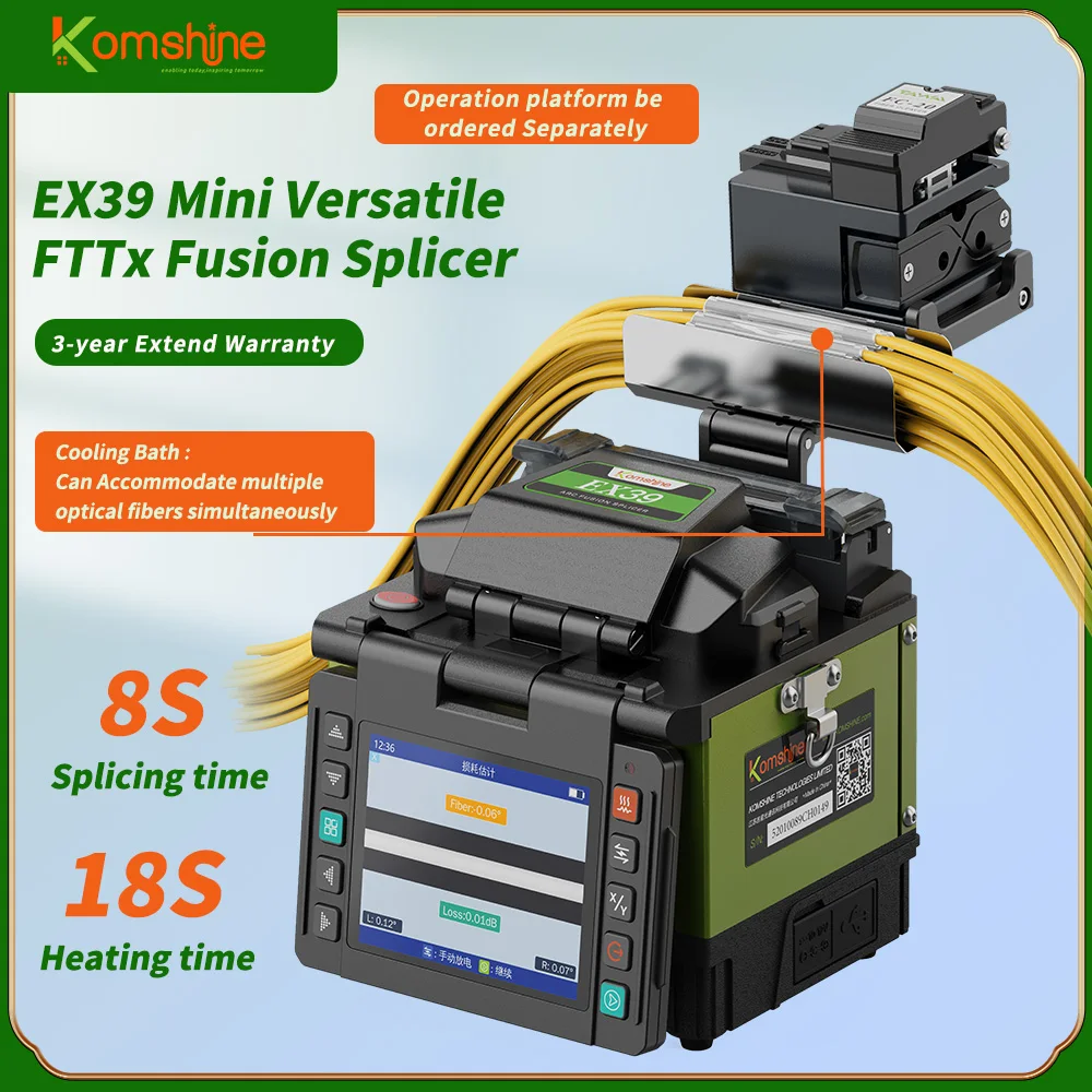 

KomShine EX39 Newest Fiber FTTX Fusion Splicer 0.01dB Loss. 8s Splice; 18s Heat. Máquina Empalmadora De Fusión De Fibra Optica