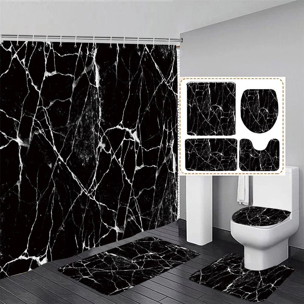 Black Marble Shower Curtain Set Gold Lines Abstract Textured Pattern Modern Bathroom Decor Non-slip Rug Bath Mats Toilet Cover