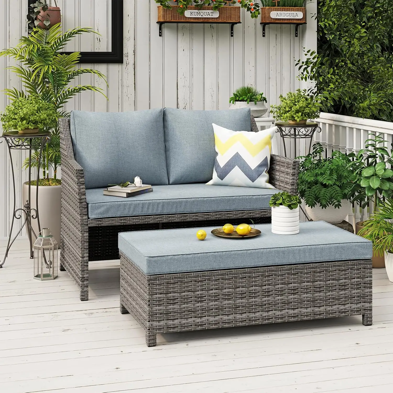 Conjunto de assento de vime para exterior de 2 peças e mesa de centro, armazenamento embutido, rattan cinza, almofadas cinza