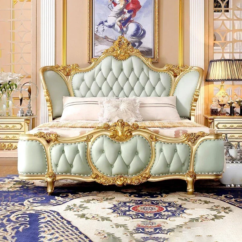 Dormitorios para niñas, cama moderna tamaño King, salón verde maestro, cama doble Queen, Camas de cuero genuino de lujo, muebles matrimoniales para