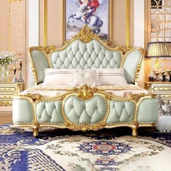 Dormitorios para niñas, cama moderna tamaño King, salón verde maestro, cama doble Queen, Camas de cuero genuino de lujo, muebles matrimoniales para el hogar