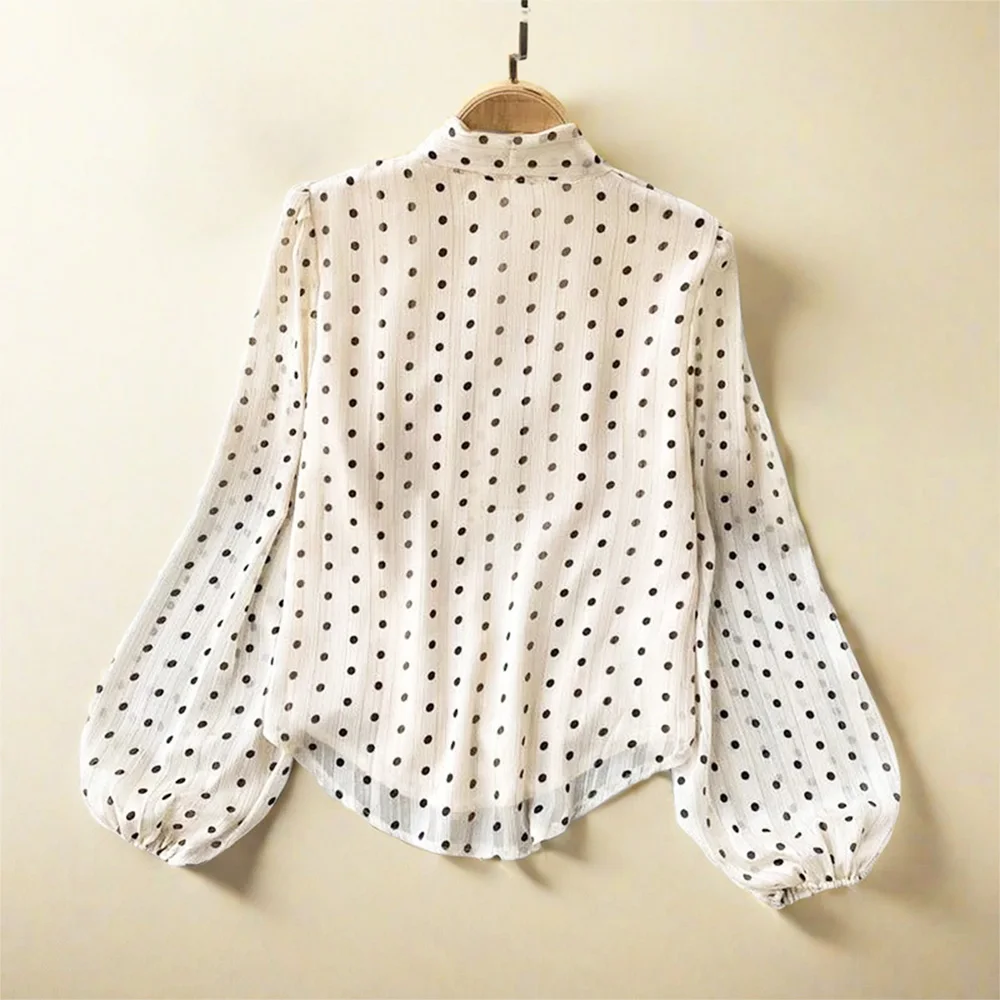 Cream Polka Dot Bow Neck Elegant Chiffon Long Sleeve Loose Women\'s Blouse Shirt Female Clothing Tops Women Clothing Fashion 2024