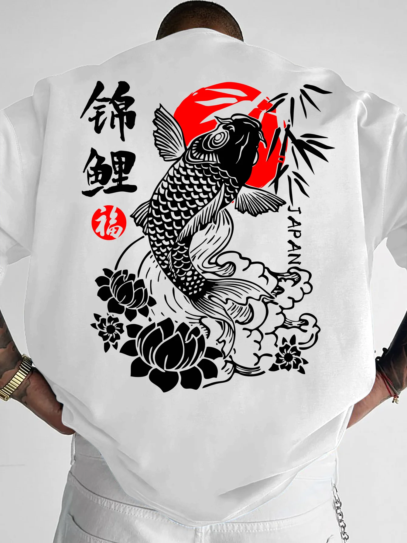 Men's Lucky Koi Fish Graphic T-shirt Oversized 100% Polyester Chinese Traditional Lotus Print Casual Streetwear Tops S-XXL