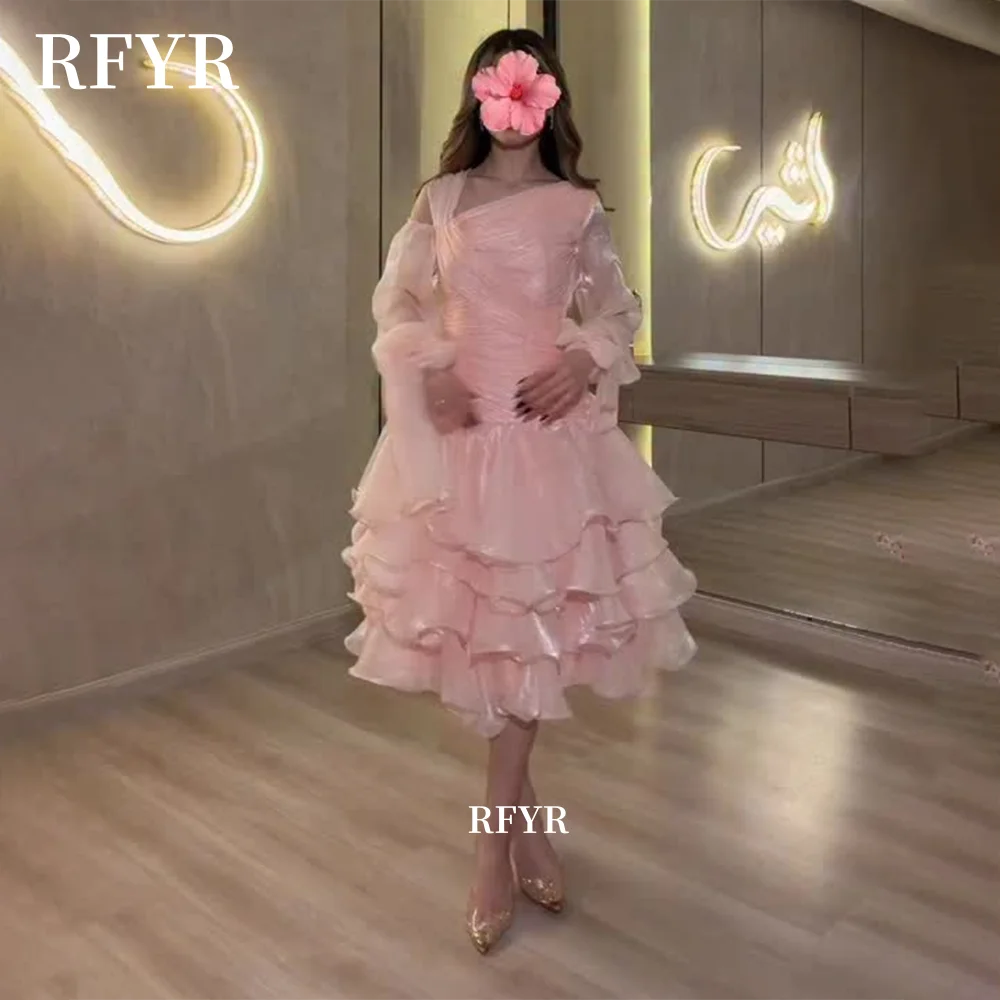RFYR Tea Length Prom Dress Long Sleeve Evening Party Dress Multilayers Ball Gown فساتين مناسبة رسمية Customized