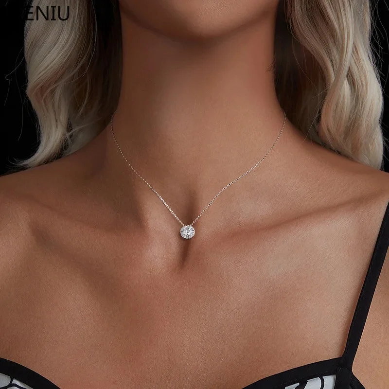 925 Sterling Silver Round Halo Moissanite Necklace, White Gold Plated Classic Elegant Necklace Engagement Jewellry Gift