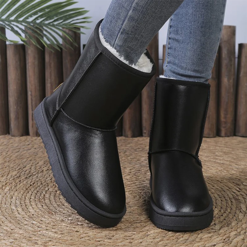

New Waterproof Snow Boots for Women Thick Long Plush Warm Winter Shoes Woman Black Pu Leather Platform Mid Calf Snow Boots Mujer