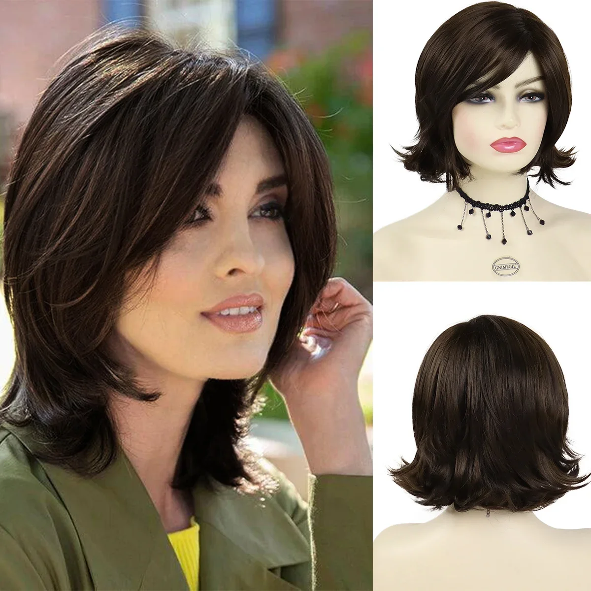 

GNIMEGIL Synthetic Brown Wigs for White Woman Short Curly Wig with Side Bangs Mix Brown Wig for Seniors Women Old Lady Wig