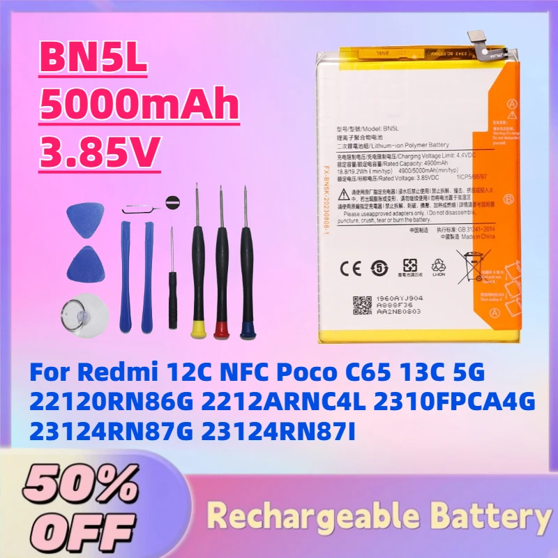 

BN5L 5000mAh 3.85V Mobile Phone Battery for Redmi 12C NFC Poco C65 13C 5G 22120RN86G 2212ARNC4L 2310FPCA4G 23124RN87G 23124RN87I