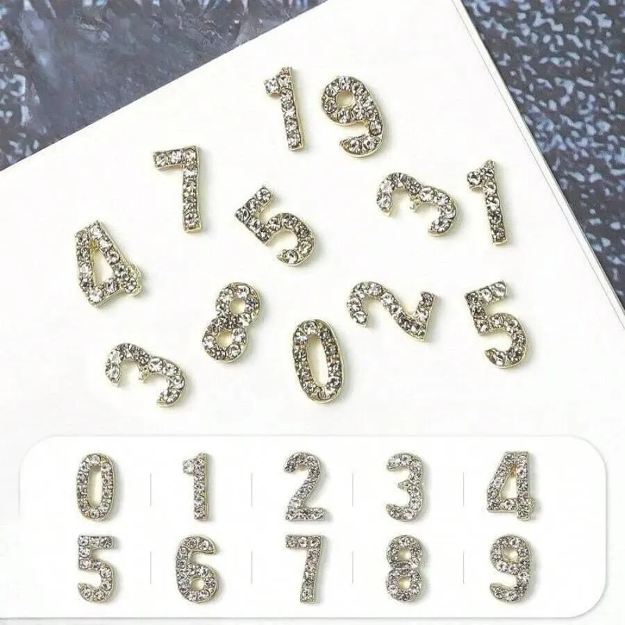 10pcs (0-9) Fixed Mixed Silver Gold Number Nail Art Decorations Glitter 3D Alloy Phone Case Accessory DIY