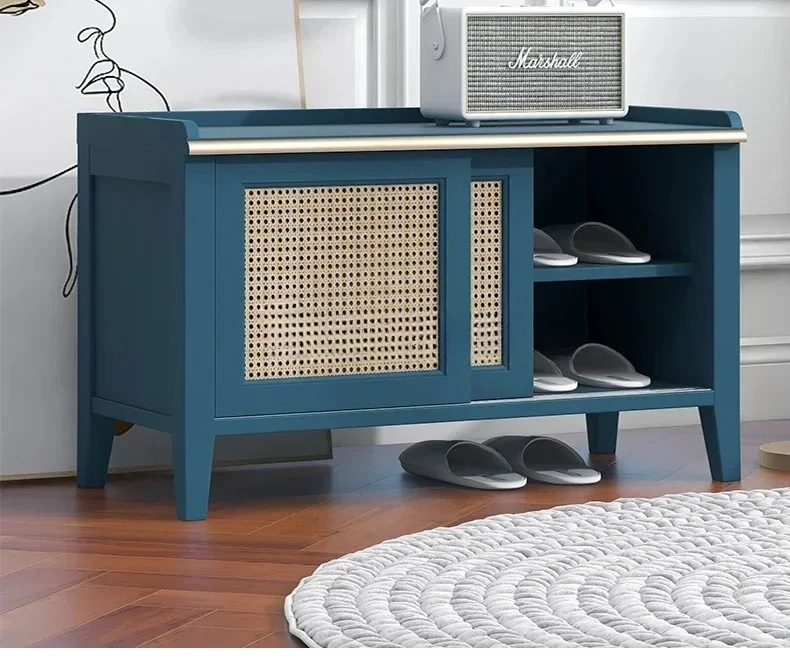 

Rattan Shoe Changing Stool Solid Wood Furniture Sitting Peacock Blue Storage Stool Shoe Cabinet