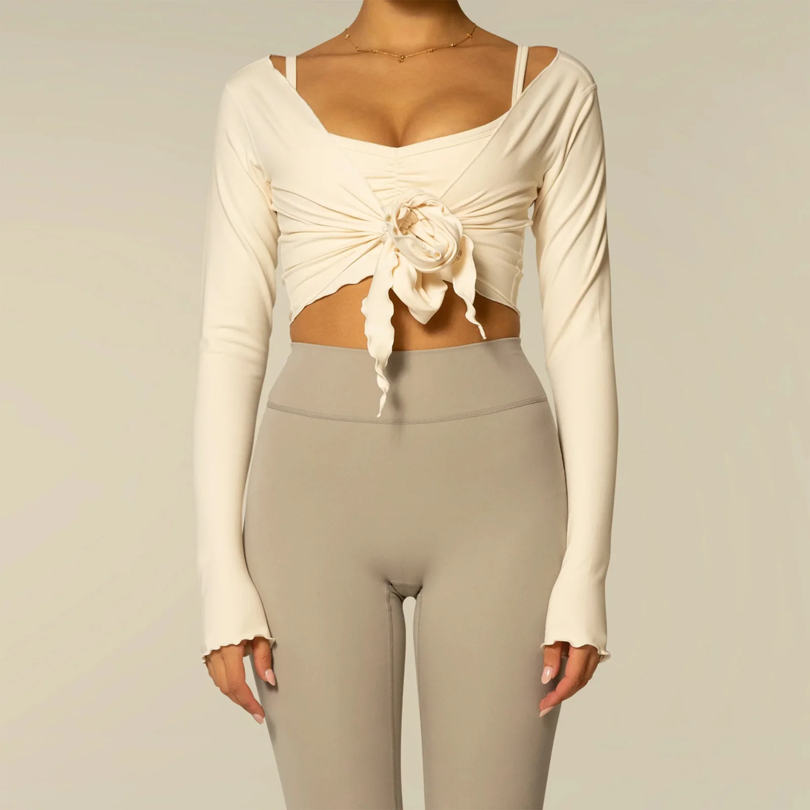 New Women Crop Wrap Tops Solid Color Tie up Hem V-Neck Fitted Long Sleeve Shirt For Club Streetwear Aesthetic Clothes S M L