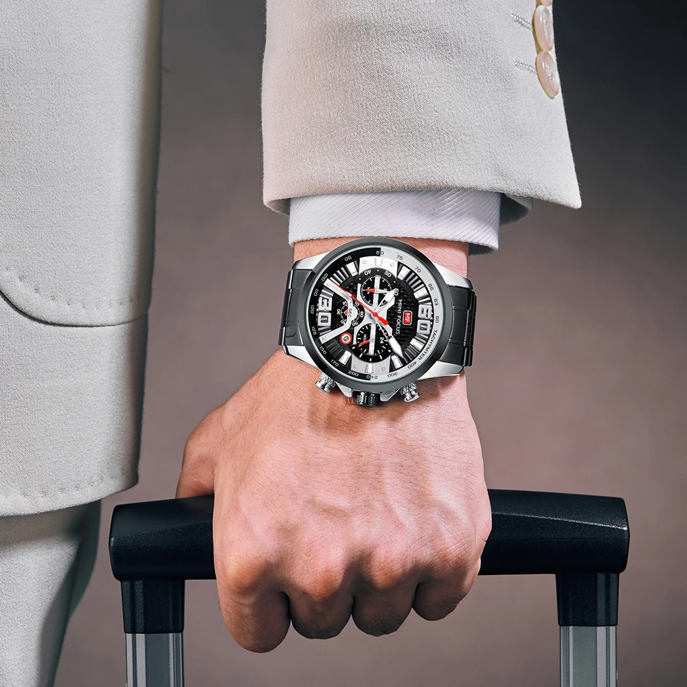 MINI FOCUS 0336 ساعات كوارتز للرجل متعدد الوظائف التقويم مضيئة مقاوم للماء حزام الصلب ساعة رجال الأعمال الأنيقة