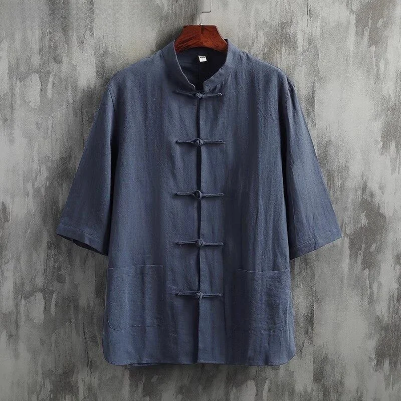 

Мужская льняная рубашка с коротким рукавом, летняя, повседневная, тонкая, в стиле ретро, китайский стиль, однотонная, для молодежи, летняя повседневная одежда