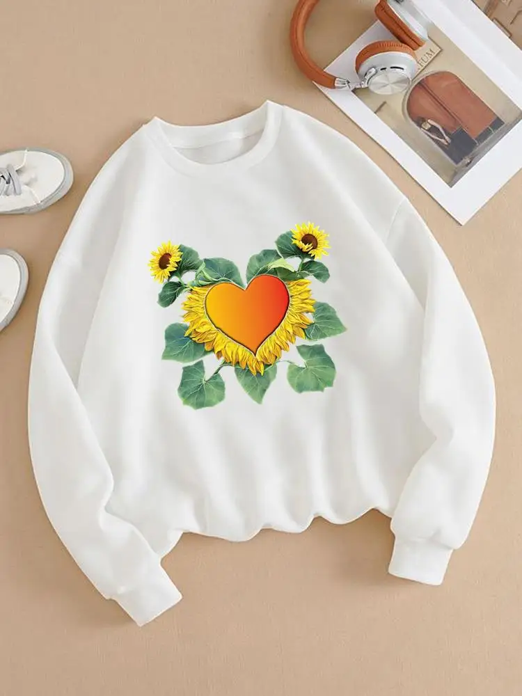 

Pullovers Print Love Heart Flower Style Trend Fashion Lady Fleece Casual Women Cartoon Clothing O-neck Graphic Sweatshirts