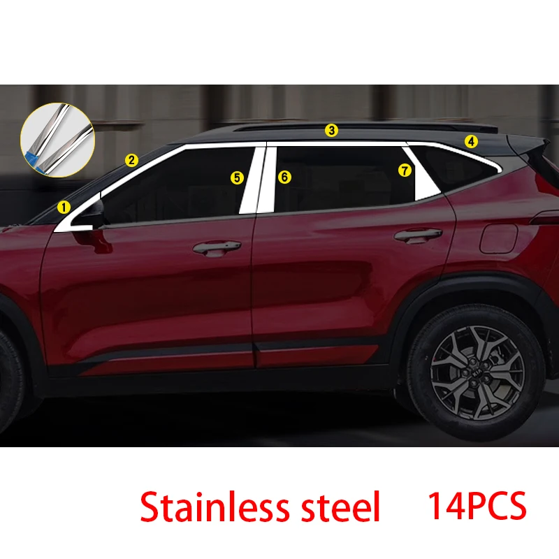 For Kia Seltos 2020 2021 2022 2023+ Stainless steel Chrome Exterior Upper Window BC Pillar Molding Strip Sill Cover Trim